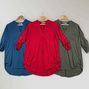 Lush V-Neck Blouse Semi-Sheer Roll-Tab Sleeve Blue Red Green Sz Sm/XS LOT OF 3